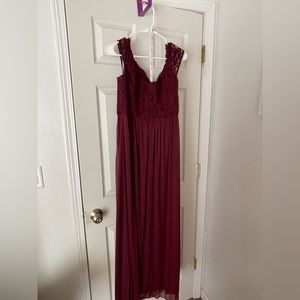 DAVIDS BRIDAL OFF-THE-SHOULDER LACE AND MESH BRIDESMAID DRESS,WINE